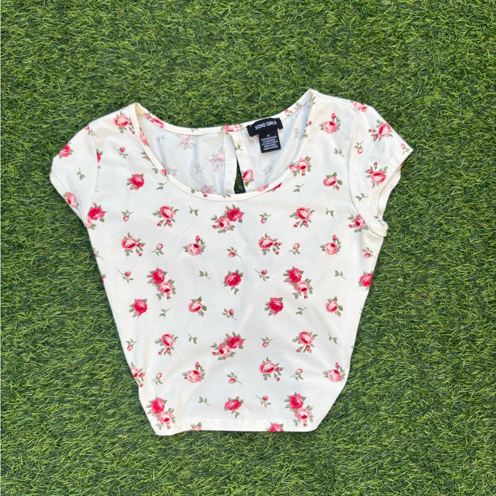 Soho Girls White Crop Top with Pink Rose Print